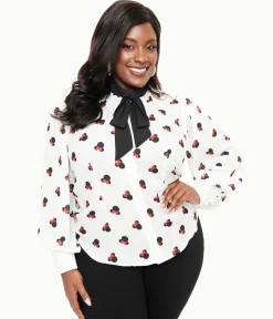 Disney Mickey & Friends Collection by Unique Vintage Plus Size White Minnie Mouse Stamp Print Gwen Blouse