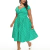 Dolly & Dotty 1950s Green & White Polka Dot Off The Shoulder Lily Swing Dress