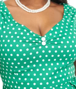 Dolly & Dotty 1950s Green & White Polka Dot Off The Shoulder Lily Swing Dress