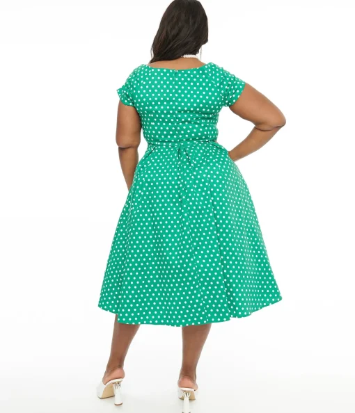 Dolly & Dotty 1950s Green & White Polka Dot Off The Shoulder Lily Swing Dress