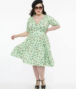 Dolly & Dotty 1950s Mint Green Nothing But Bugs Print Matilda Wrap Dress