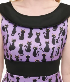 Dolly & Dotty 1950s Purple & Black Cat Print Darla Wiggle Dress