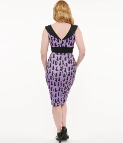 Dolly & Dotty 1950s Purple & Black Cat Print Darla Wiggle Dress