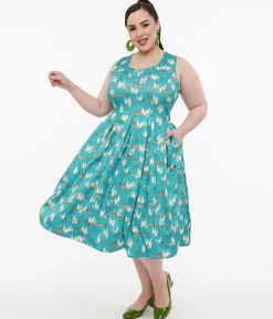 Dolly & Dotty 1950s Turquoise Meerkat Print Amanda Swing Dress