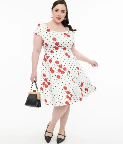 Dolly & Dotty 1950s White Polka Dot Cherry Swing Dress