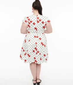 Dolly & Dotty 1950s White Polka Dot Cherry Swing Dress