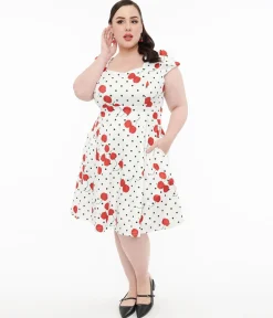 Dolly & Dotty 1950s White Polka Dot Cherry Swing Dress