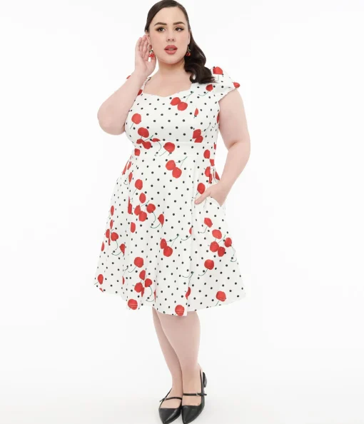 Dolly & Dotty 1950s White Polka Dot Cherry Swing Dress