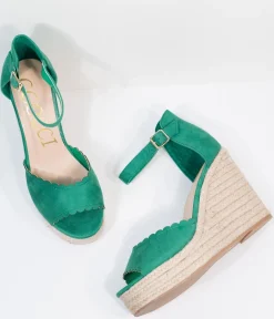 Emerald Suede Peep Toe Espadrille Wedges