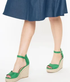 Emerald Suede Peep Toe Espadrille Wedges