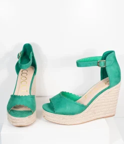 Emerald Suede Peep Toe Espadrille Wedges