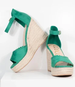 Emerald Suede Peep Toe Espadrille Wedges