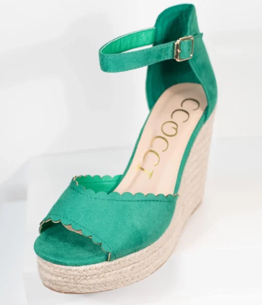 Emerald Suede Peep Toe Espadrille Wedges