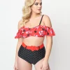 Emily The Strange x Unique Vintage Red & Black Cats Ruffle Swim Top