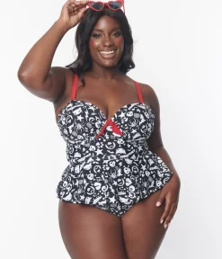 Emily The Strange x Unique Vintage Plus Size Black & White Tankini Swim Top