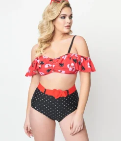 Emily The Strange x Unique Vintage Red & Black Cats Ruffle Swim Top