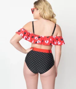 Emily The Strange x Unique Vintage Red & Black Cats Ruffle Swim Top