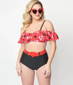 Emily The Strange x Unique Vintage Red & Black Cats Ruffle Swim Top