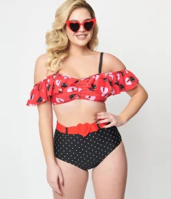 Emily The Strange x Unique Vintage Red & Black Cats Ruffle Swim Top