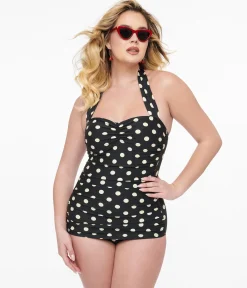 Esther Williams 1950s Black & White Polka Dot One Piece Swimsuit