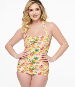 Esther Williams 1950s Light Pink & Fruit Print One Piece Swimsuit