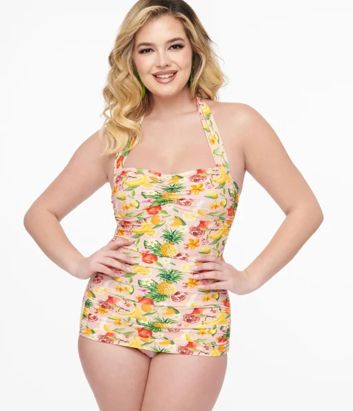 Esther Williams 1950s Light Pink & Fruit Print One Piece Swimsuit