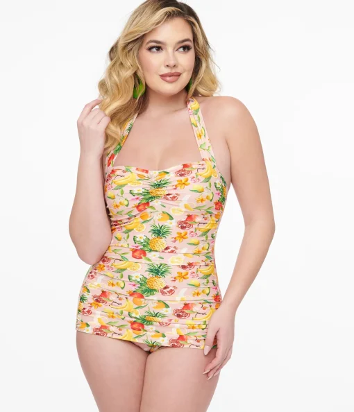 Esther Williams 1950s Light Pink & Fruit Print One Piece Swimsuit