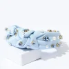 Faux Pearl & Blue Rhinestone Studded Baby Blue Knot Headband