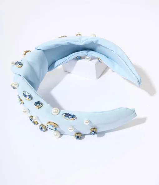 Faux Pearl & Blue Rhinestone Studded Baby Blue Knot Headband