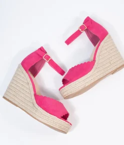 Fuchsia Suede Peep Toe Espadrille Wedges