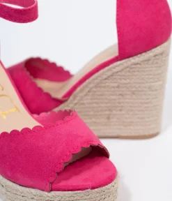 Fuchsia Suede Peep Toe Espadrille Wedges