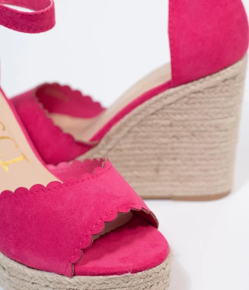 Fuchsia Suede Peep Toe Espadrille Wedges