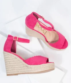 Fuchsia Suede Peep Toe Espadrille Wedges