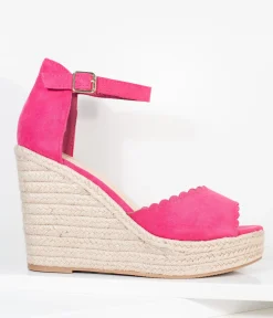 Fuchsia Suede Peep Toe Espadrille Wedges