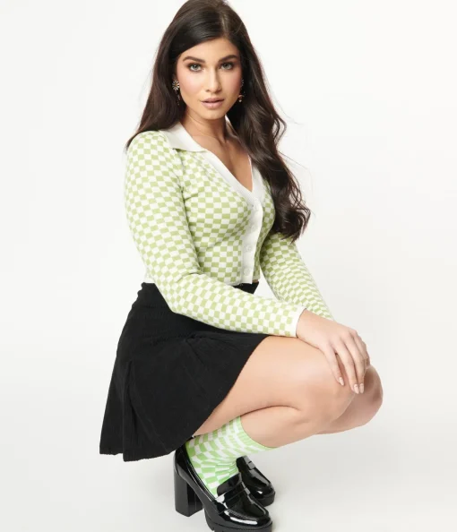 Green & Ivory Check Crop Cardigan