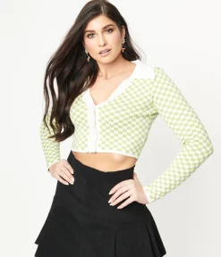 Green & Ivory Check Crop Cardigan