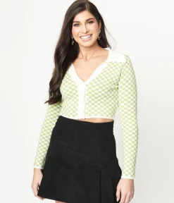 Green & Ivory Check Crop Cardigan