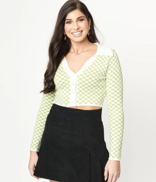 Green & Ivory Check Crop Cardigan