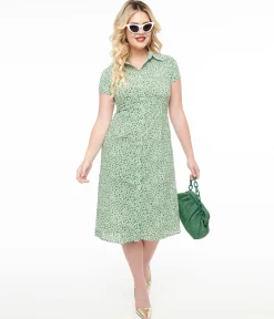 Green & White Ditsy Floral Print Button Up Midi Dress