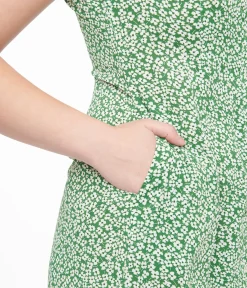 Green & White Ditsy Floral Print Button Up Midi Dress
