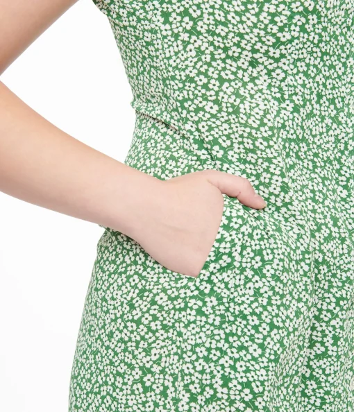 Green & White Ditsy Floral Print Button Up Midi Dress