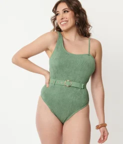 Green Belted One Piece Swimsuit