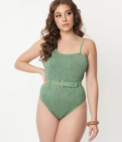 Green Belted One Piece Swimsuit