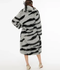 Grey & Black Zebra Long Faux Fur Coat