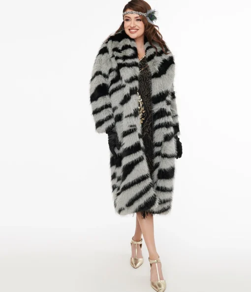 Grey & Black Zebra Long Faux Fur Coat