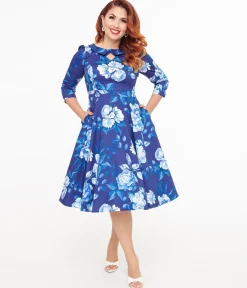 Hearts & Roses Blue & White Floral Dafney Swing Dress