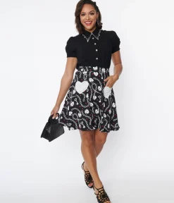 Hell Bunny Black & White Heart Lock Mini Skirt