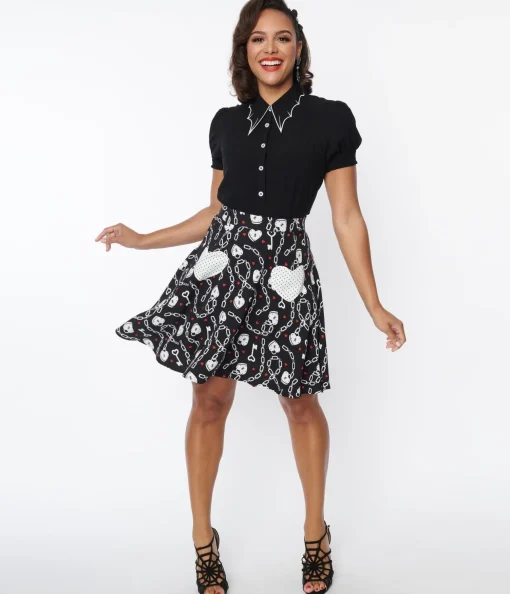Hell Bunny Black & White Heart Lock Mini Skirt