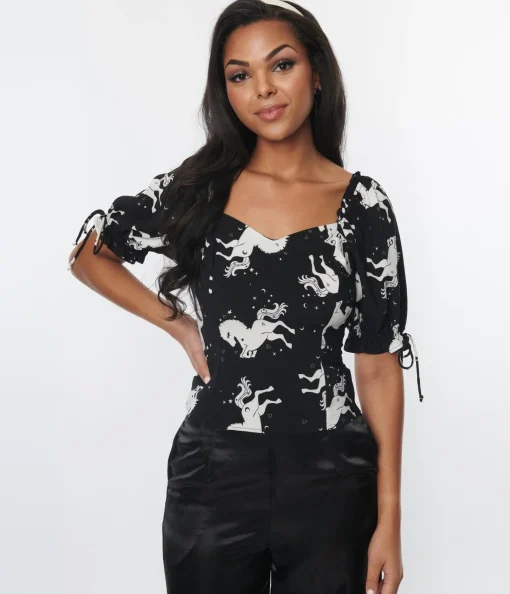 Hell Bunny Black & White Unicorn Sulivan Top