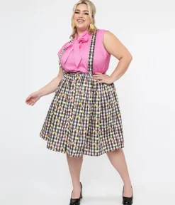 Hell Bunny Plus Size 1950s Black & White Gingham & Fruit Cotton Pinafore Swing Skirt